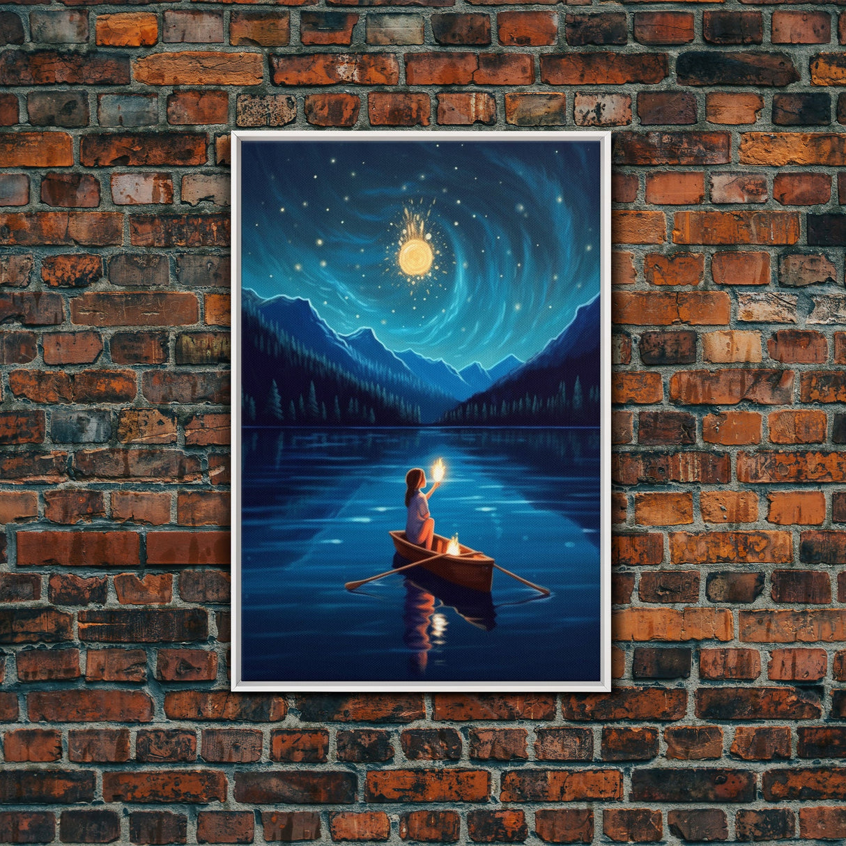 Starry Night, Girl Wizard Lights Up The Night Sky, Fantasy Art, Framed Canvas Print, Fantasy Painting Print, Original Art