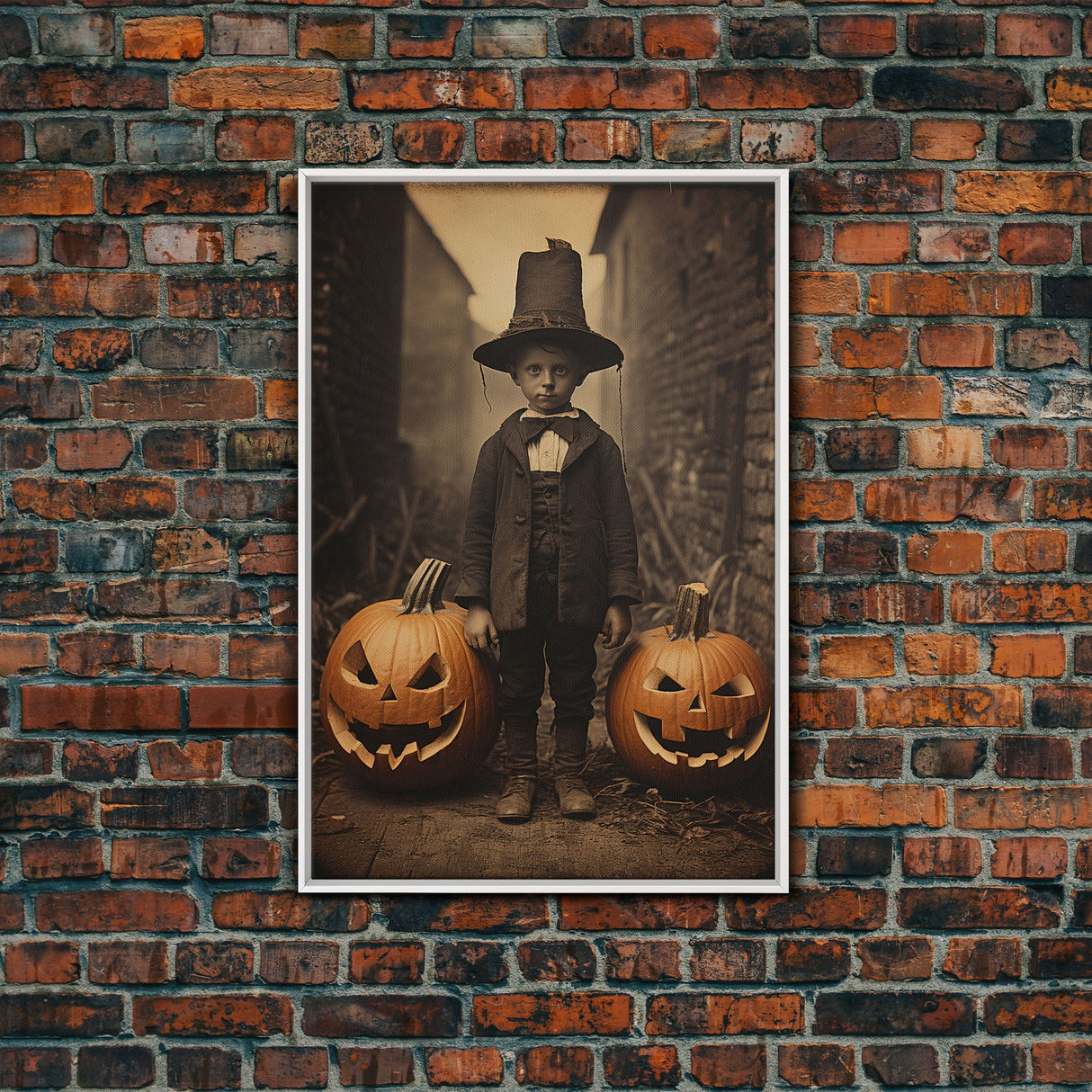 Spooky Victorian Tintype Photography, Framed Canvas Print, Halloween Art, Halloween Canvas, Pilgrim Boy and His Jack O' Lanterns