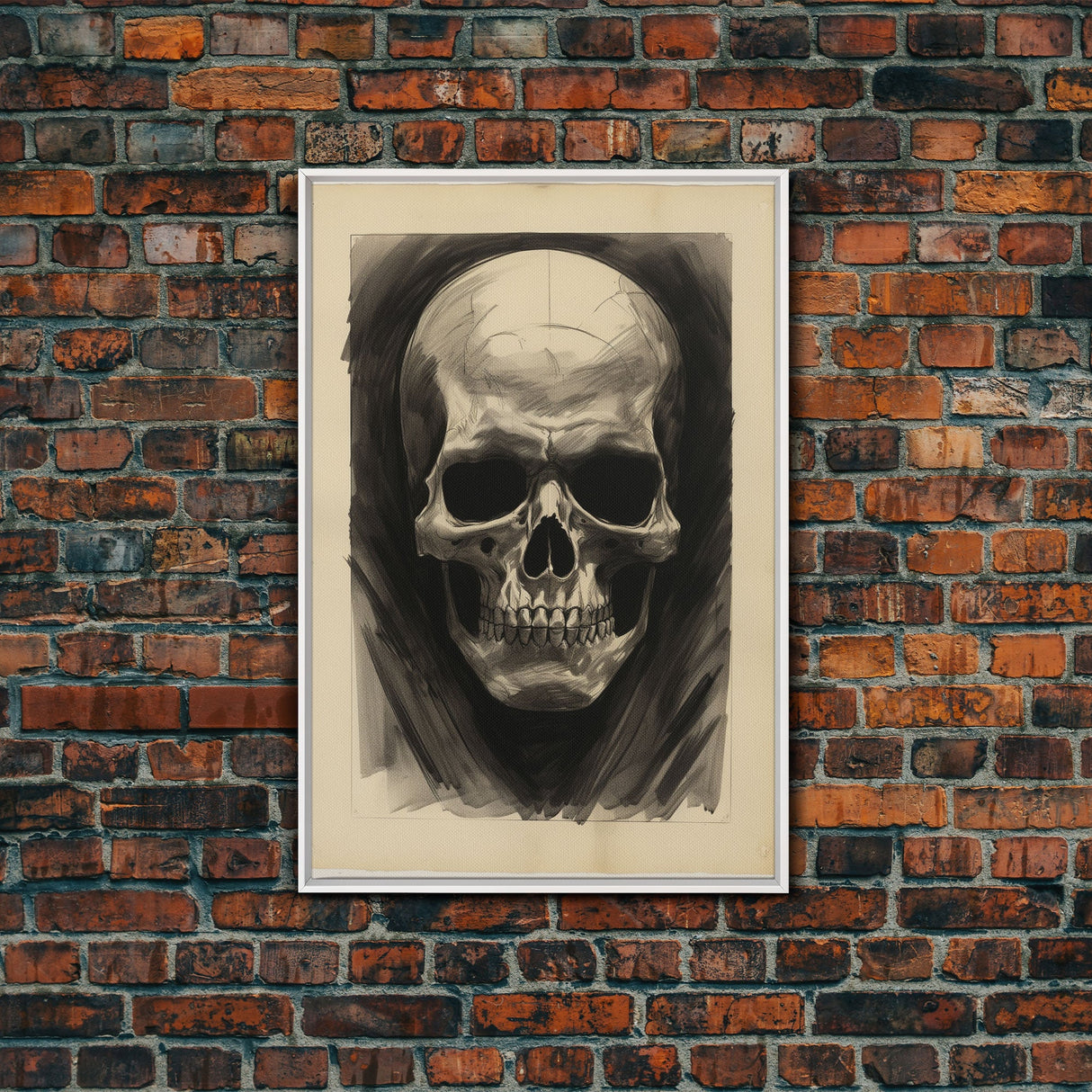 Charcoal Drawing, Human Skull, Gothic Art Print, Spooky Decor, Canvas Print, Wall Art, Vertical Art, Gaming Wall Decor, Office Wall Decor
