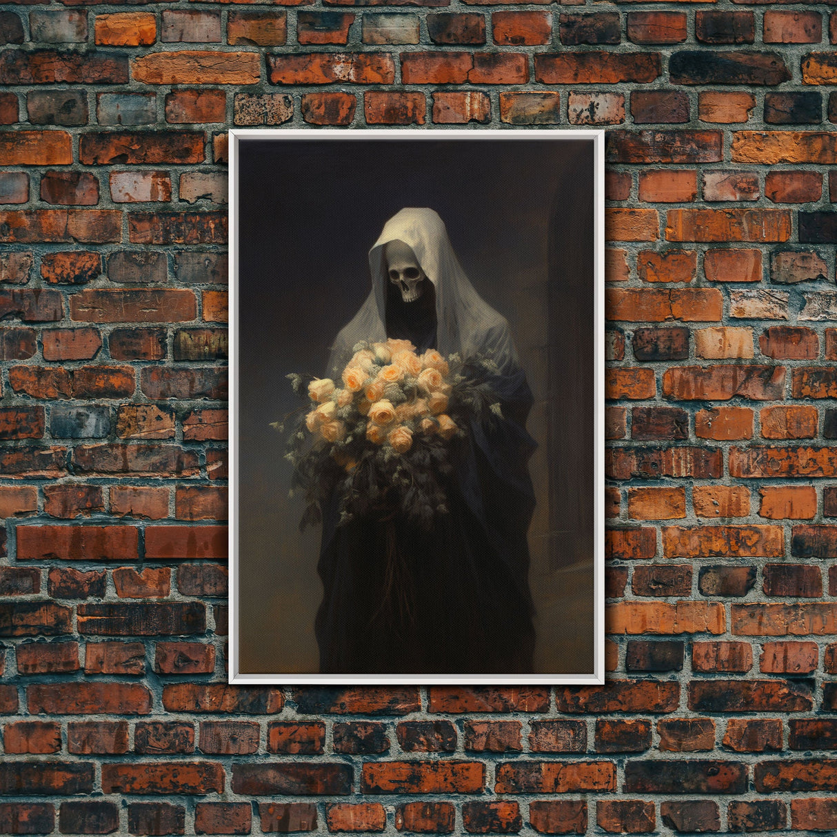 Grim Reaper, Flower Deliveryman, Gothic Halloween Decor, Framed Canvas Print, Scary Horror Art, Goth Decor, Oil Painting, Dark Academia