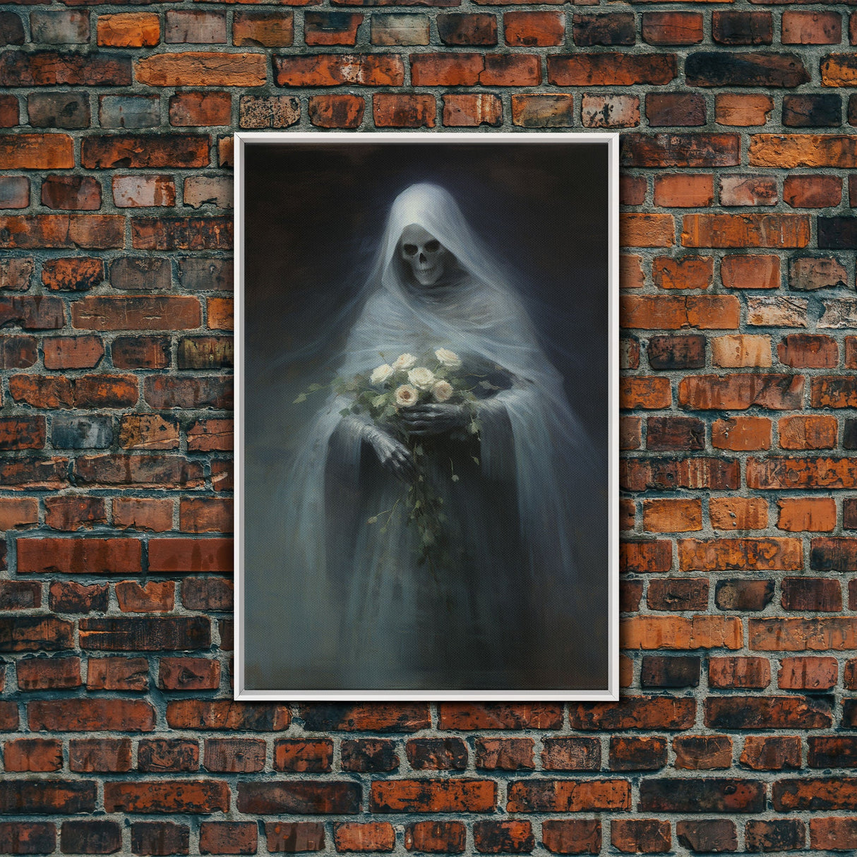Grim Reaper Holding Flowers, Gothic Halloween Decor, Framed Canvas Print, Scary Horror Art, Goth Decor, Oil Painting, Dark Academia
