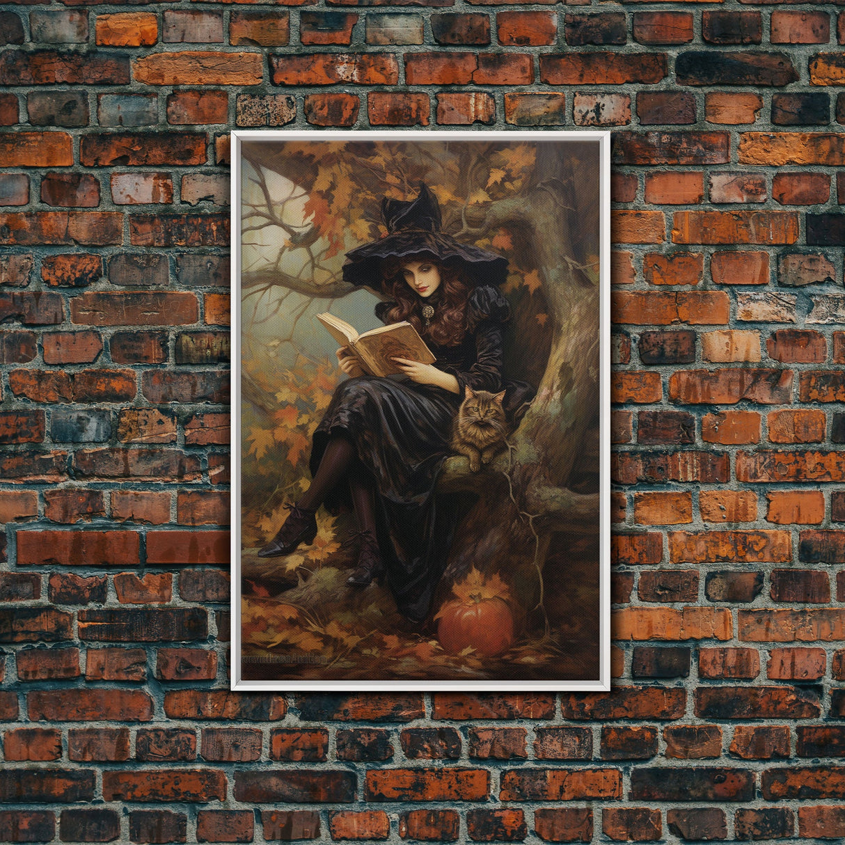 Pretty Witch Reading Spells To Her Black Cat Familiar, Vintage Halloween Art, Framed Canvas Print, Halloween Canvas Art, Witchcraft