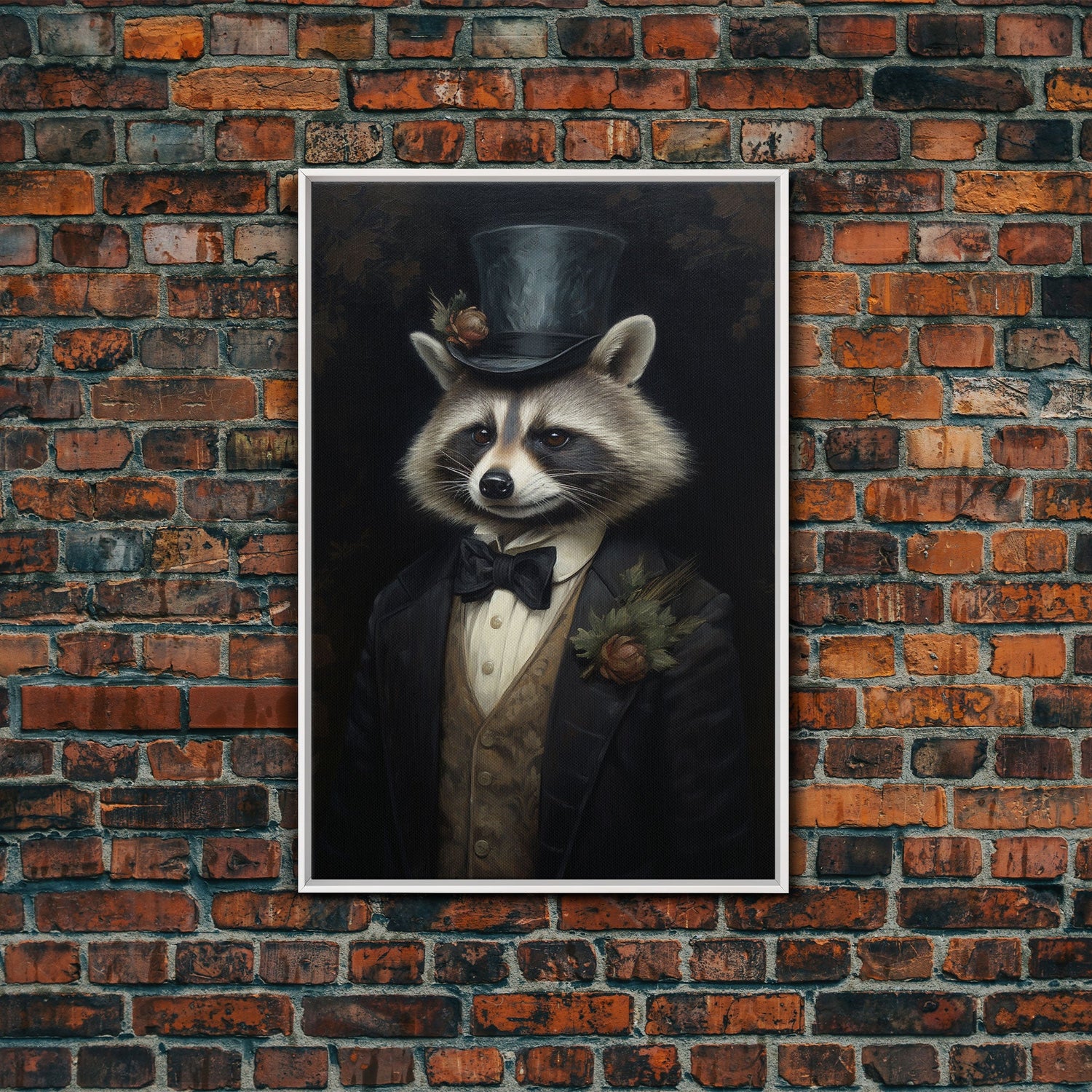 Distinguished Dapper Gentleman Raccoon, Funny Animal Prints, Humorous Art, Framed Canvas, Wall Art, Canvas Print, Funny Halloween Decor