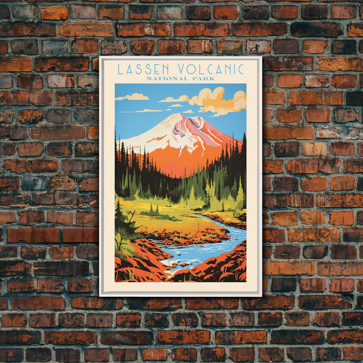 Lassen Volcanic National Park Alaska Travel Art, National Park Print, Minimalist Travel Art, Midcentury Modern Style Landscape Painting