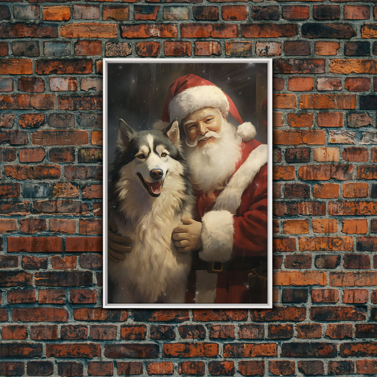 Santa Claus Holding An Alaskan Malamute, Christmas Wall Art, Dog Gift, Christmas Dog, Winter Wall Art, Santa Decor, Santa Art Print