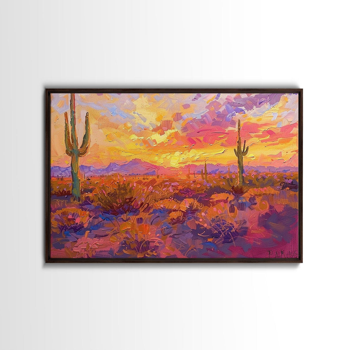 Desert Cactus Sunset Painting Framed Canvas Print, Western Decor, Southwest Wall Art, Arizona Painting, Landscape Painting, Farmhouse Decor