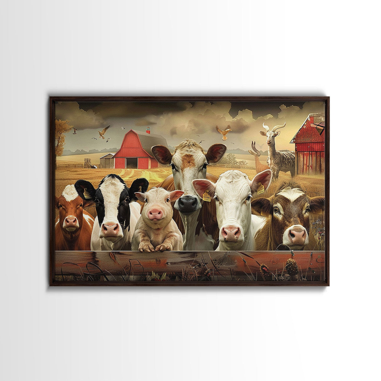 Farm Animals On The Fence, Framed Canvas Print, Cute Animal Decor, Bathroom Wall Art, Illustration, Home Decor