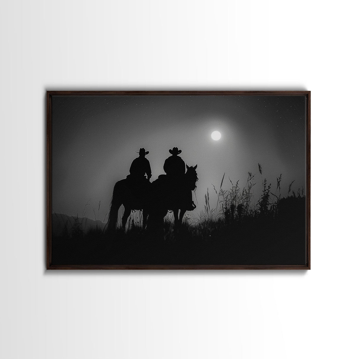 Cowboys Under A Full Moon, Framed Canvas Print, Black and White Western Photography, Wild West Art, Western Decor, Farmhouse Country Art