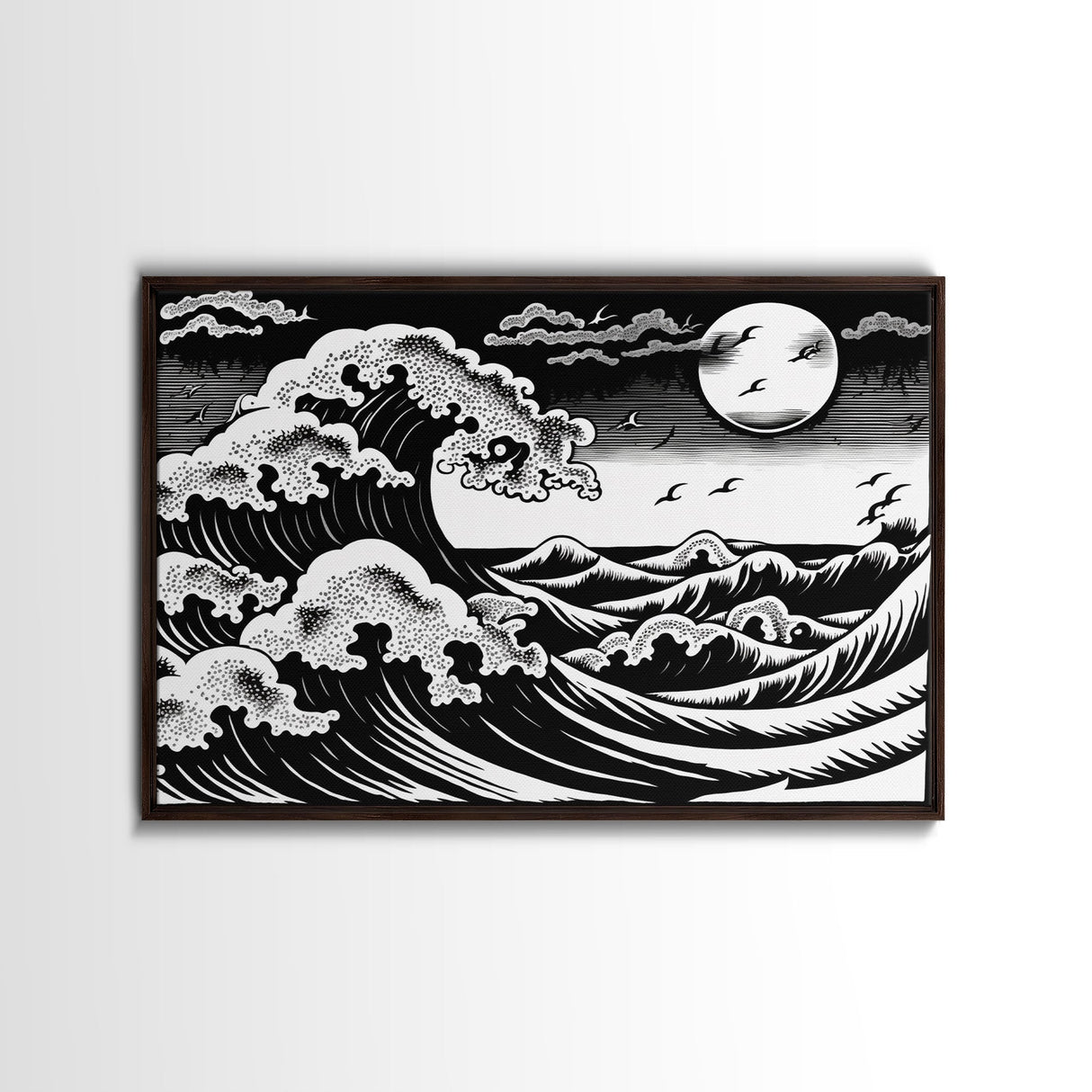 Black and White Wave Canvas Print, Hokusai Inspired Wall Art, Woodblock Print Style, Wall Art, Vintage Style Wall Art