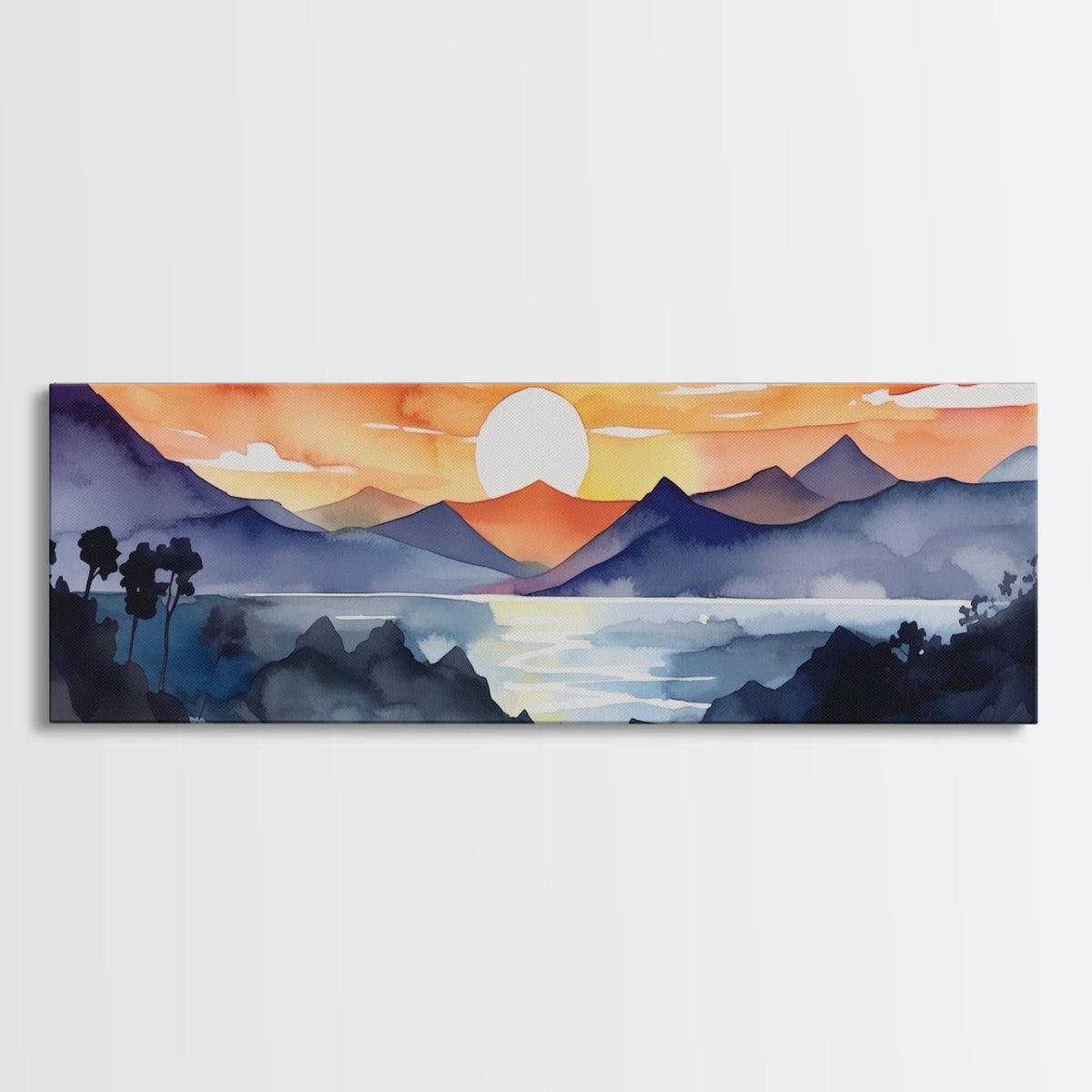 Midcentury Modern Watercolor Painting of a Mountain Sunset, Large Canvas Print, Mountain Artwork, Guest Room Art, Mountain Print, Panoramic