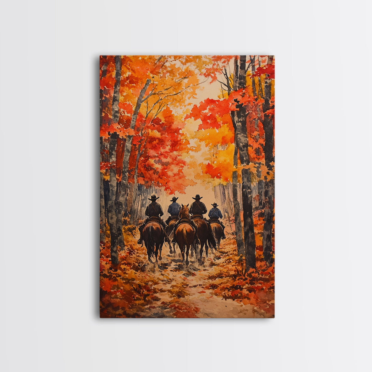 Cowboys Riding Into Town On Thanksgiving, Western Fall Decor, Framed Canvas Print, Autumn Outdoor Decor, Christmas poster