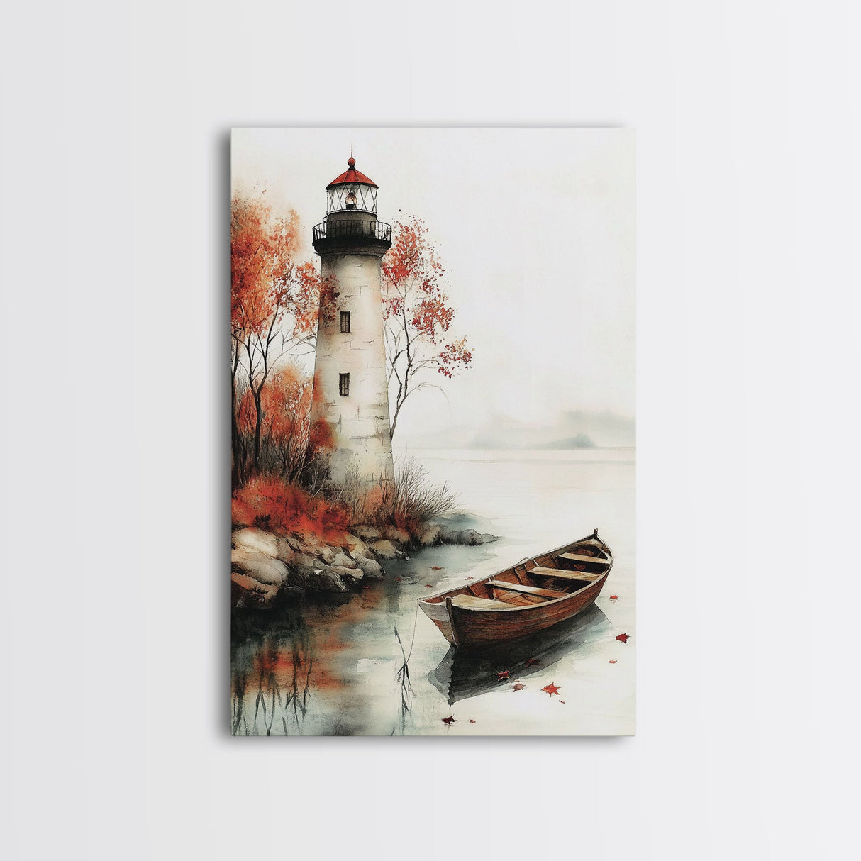 Lighthouse In The Fall, Framed Canvas Print, Fall Decor, Autumn Centerpiece Art, Boho Minimalist Style Wall Art