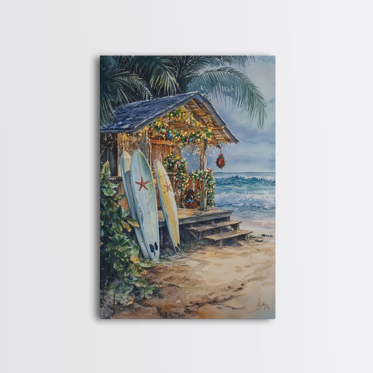 The Surf Shack at Christmas, Surfboard Art, Surfer Christmas Wall Decor, Framed Canvas Print, Cute Christmas Wall Art / Gift Idea