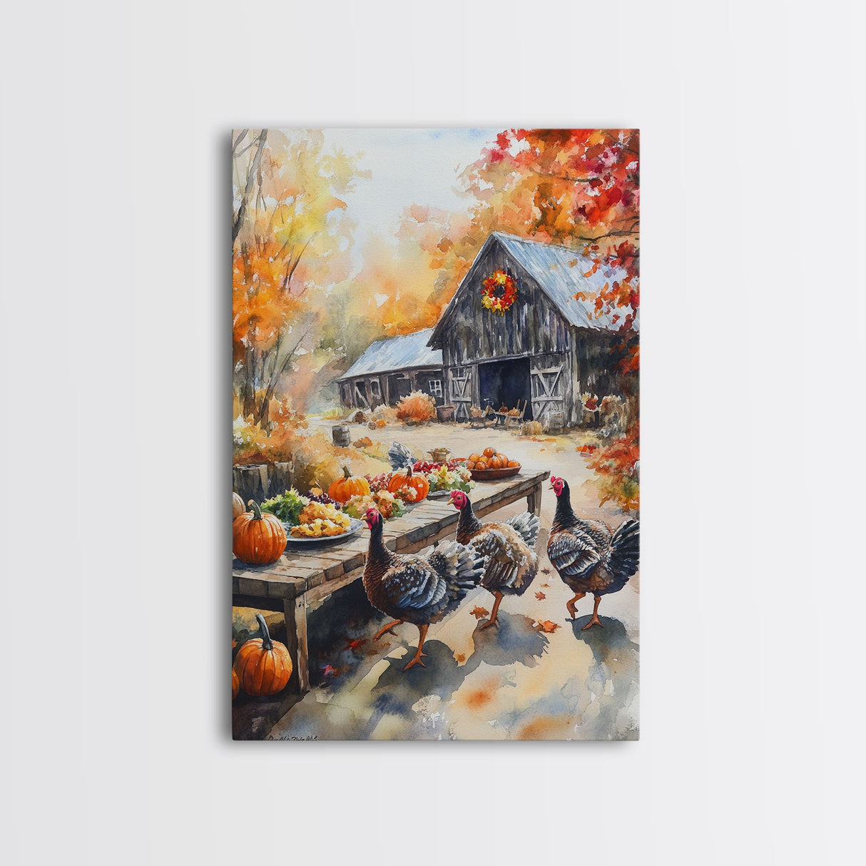 Painting Of A Barn In The Fall, Framed Canvas Print, Thanksgiving Decor, Turkey Painting, Turkey Art