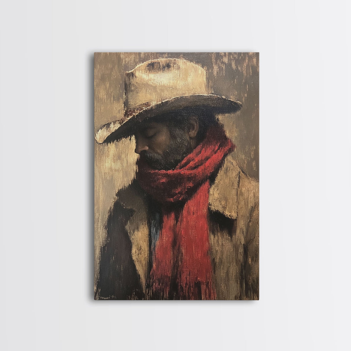 Moody Cowboy with Red Scarf Framed Canvas Print - Rustic Winter Landscape Art Best Gift Idea 2024 Christmas Wall Art