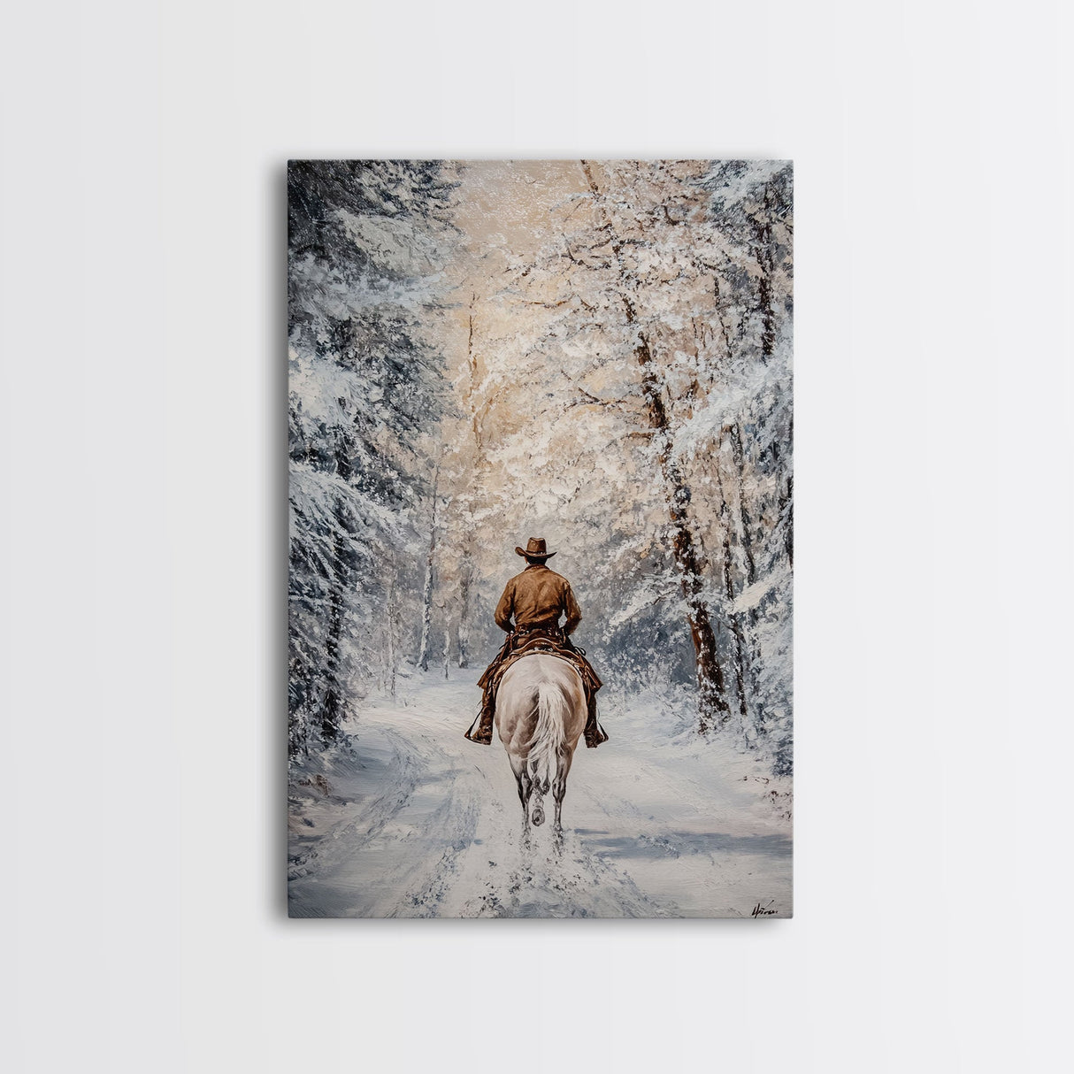 Cowboy by Window with Coffee Framed Canvas Print - Cozy Christmas Wall Art 2024 Rustic Holiday Decor and Gift Idea