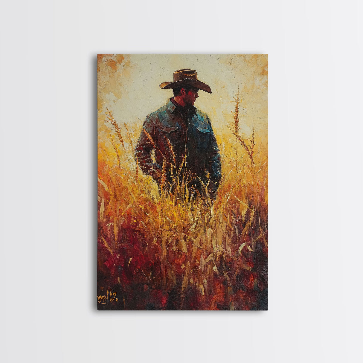 Cowboy in Golden Wheat Field Canvas Print, Western Landscape Art Gift, Seasonal Decor, Modern, Perfect Holiday Gift, Framed Canvas Print
