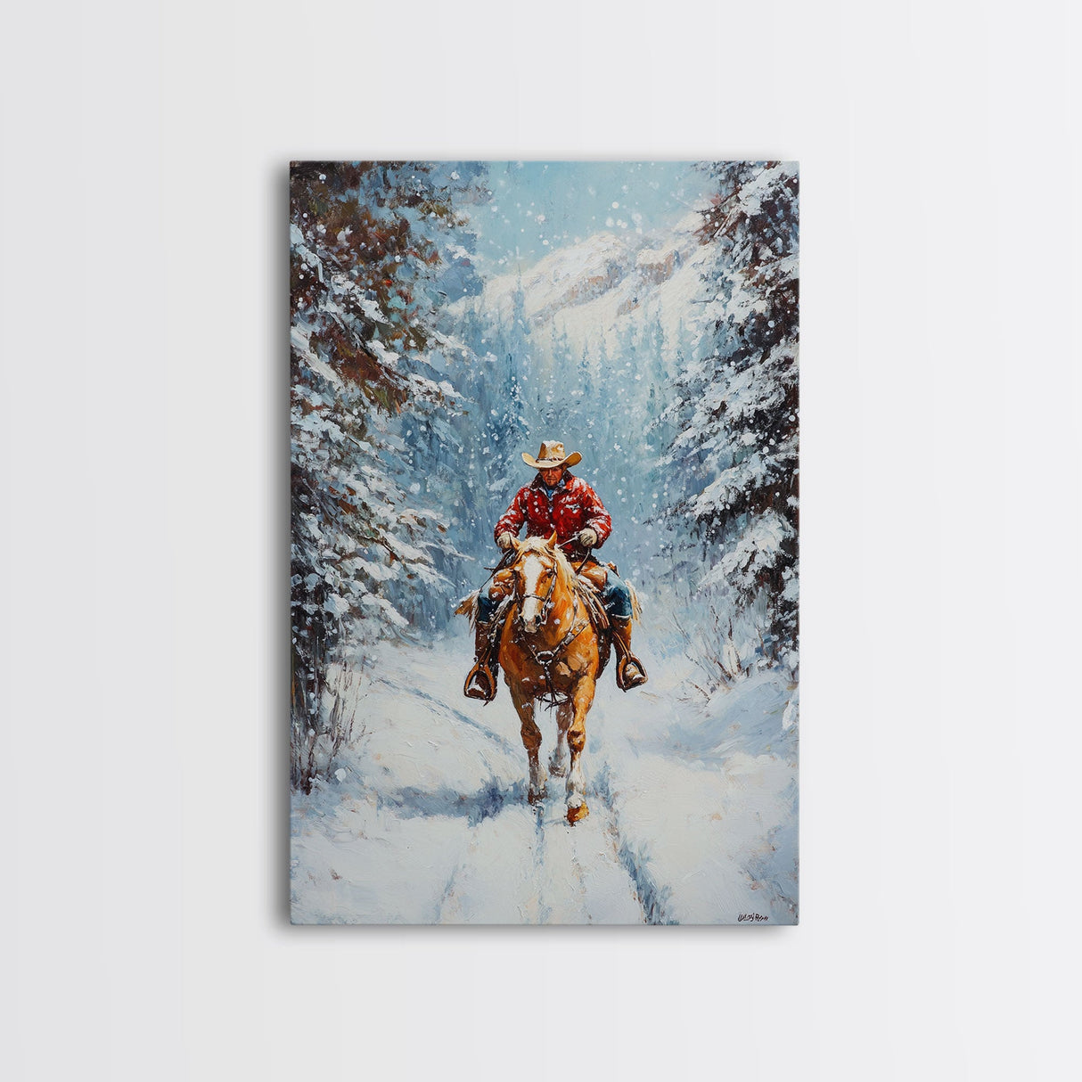 Cowboy Walking Through Snowy Winter Forest Canvas Print, Western Christmas Art Gift, Holiday Wall Decor, Rustic Art, Framed Canvas Print