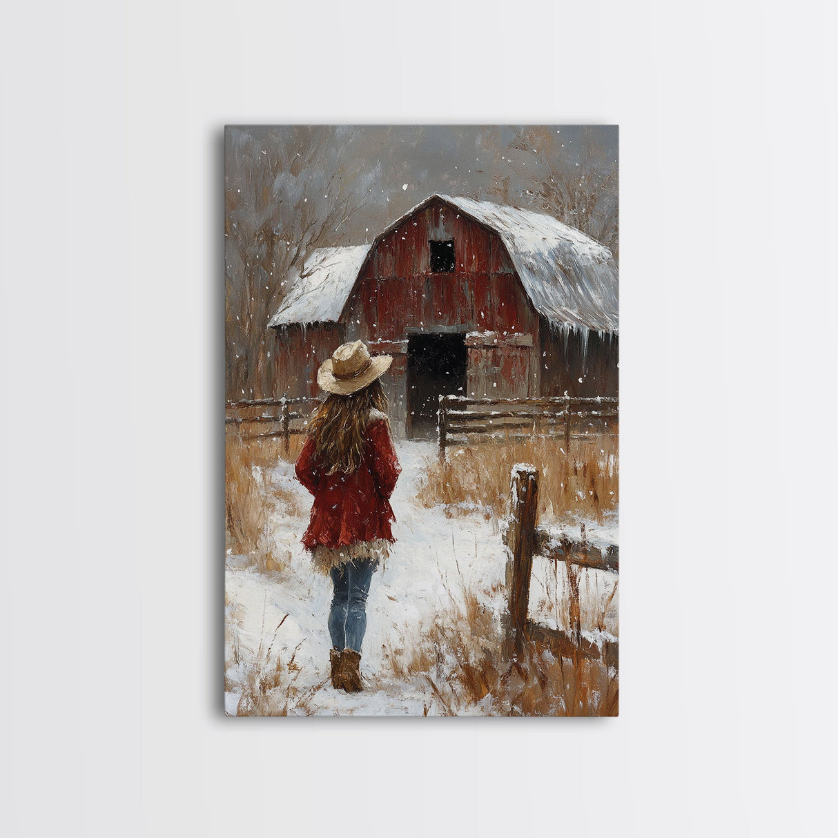 Country Girl with Falling Leaves Canvas Print, Autumn Wall Art, Farmhouse Holiday Decor, Fall Decor, Trendy Wall Art, Framed Canvas Print