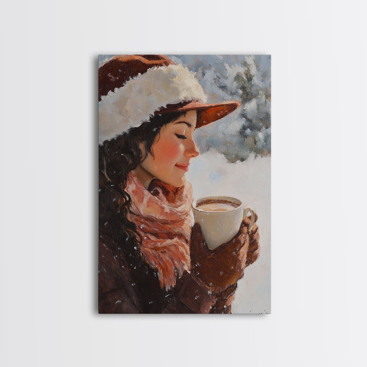 Framed canvas print of a peaceful winter scene with a woman a hot chocolate perfect for holiday gift idea or rustic Christmas wall art decor