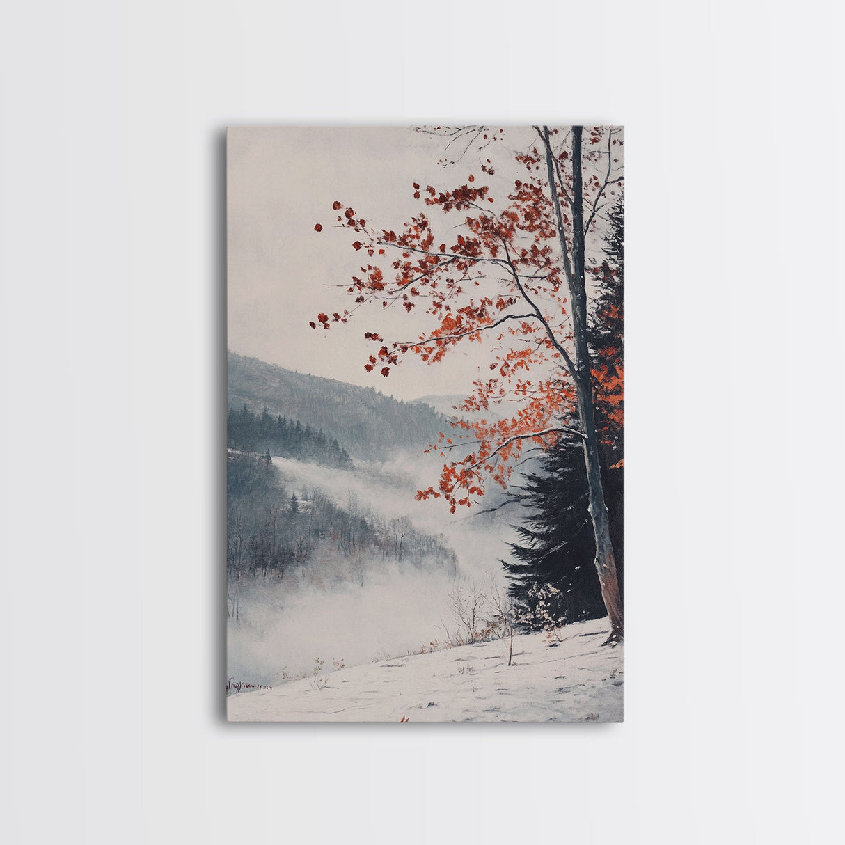 Canvas Print of Snowy Mountain Trees Red Leaves, Winter Wonderland Wall Art, Best Gift Idea, Moody Landscape, Rustic Christmas Decor