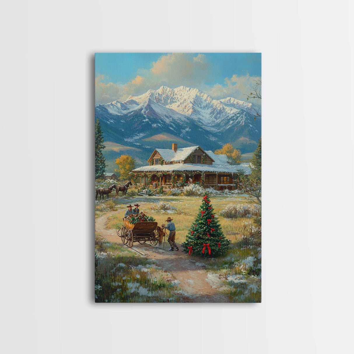 Snowy Mountain Cabin Christmas Tree Scene Framed Canvas Print Christmas Wall Art Holiday Decor Christmas Tree Art Winter Landscape Gift Idea