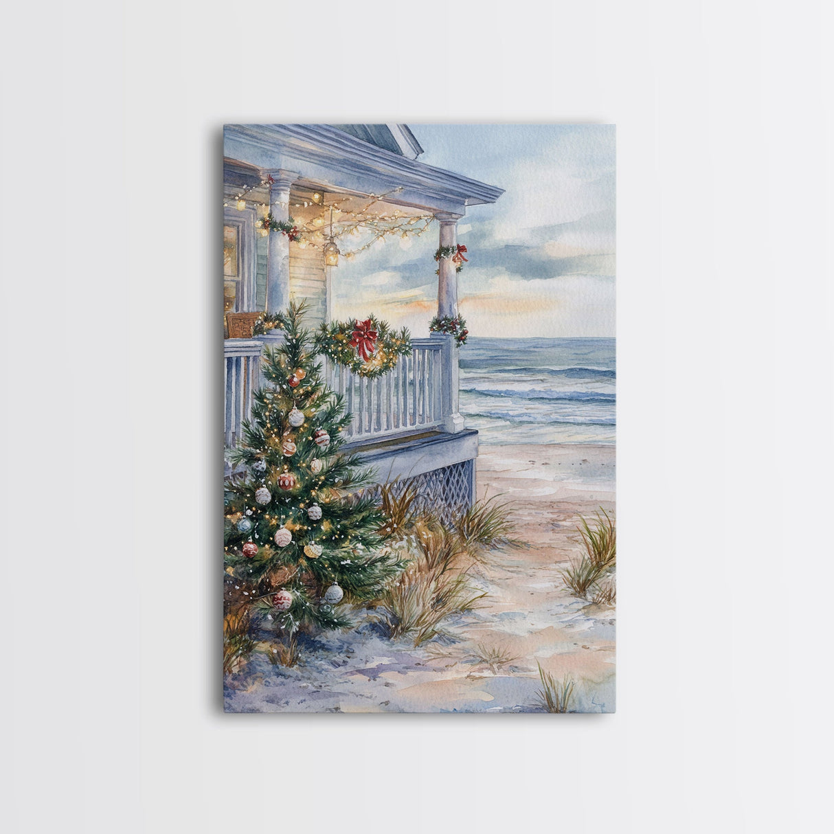 Coastal Christmas Tree Framed Canvas Print, Festive Holiday Decor Tree Beach and Ocean View, Nautical Wall Art Tropical Christmas Decor