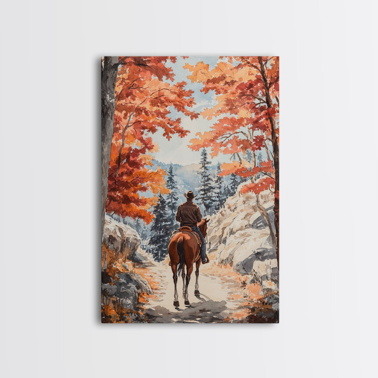 Cowboy riding through autumn forest, Framed Canvas Print, fall landscape wall art, western style decor for cozy homes, perfect gift idea