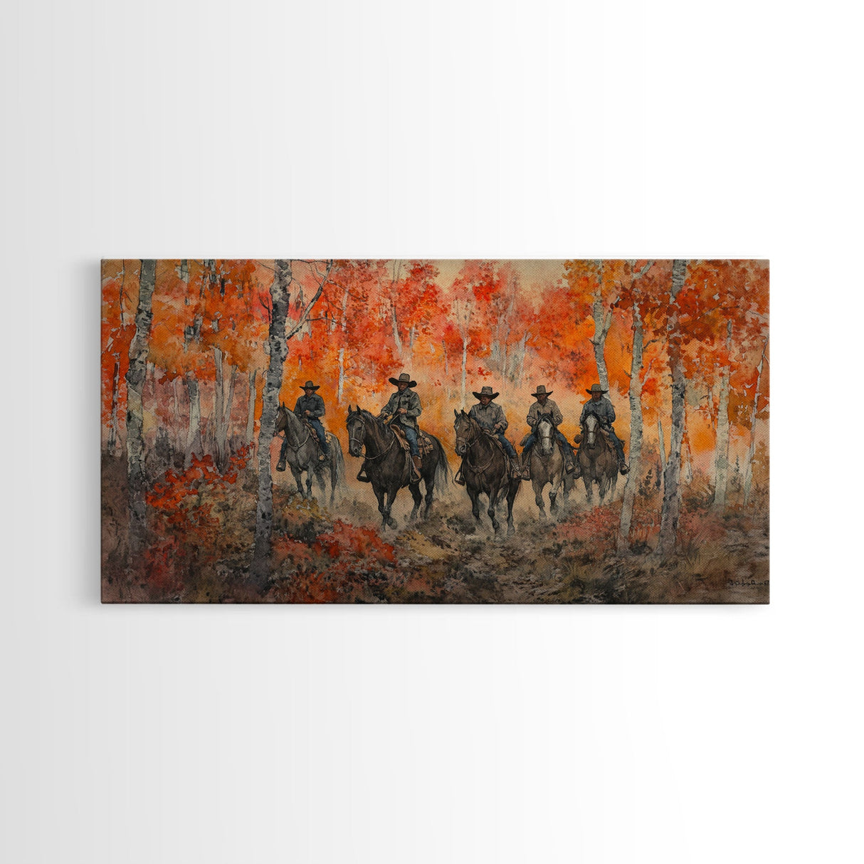 Framed Canvas Print Horseback Riders in Rustic Fall Forest, Cowboy Theme Wall Art, Autumn Home Decor, and Seasonal Canvas Wall Print