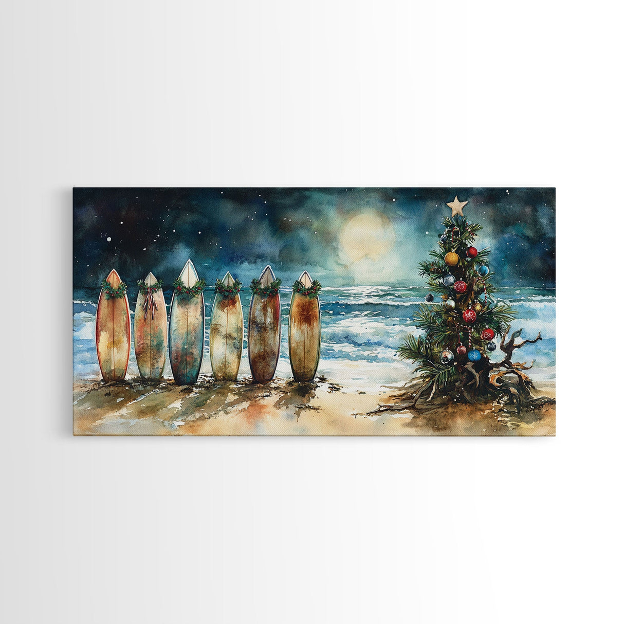Canvas Print Surfboards and Christmas Tree at Beach, Tropical Christmas Decor, Beach Christmas Art, Coastal Holiday Wall Art