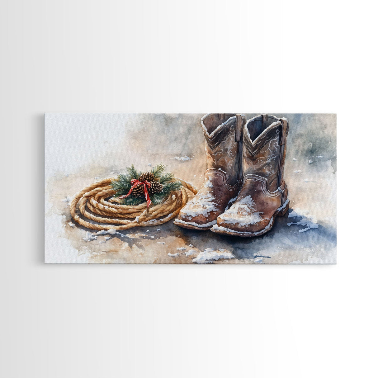 Framed Canvas Print Cowboy Boots and Rope with Pinecones, Rustic Winter Decor, Western Christmas Art, Perfect Holiday Wall Print