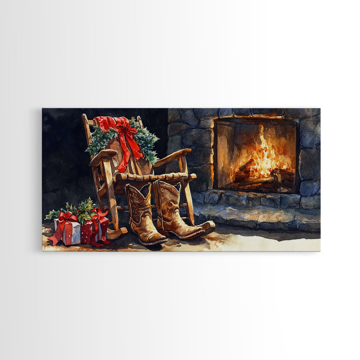 Canvas Print Rocking Chair and Cowboy Boots by Fireplace, Cozy Christmas Decor, Western Holiday Wall Art, Rustic Christmas Scene