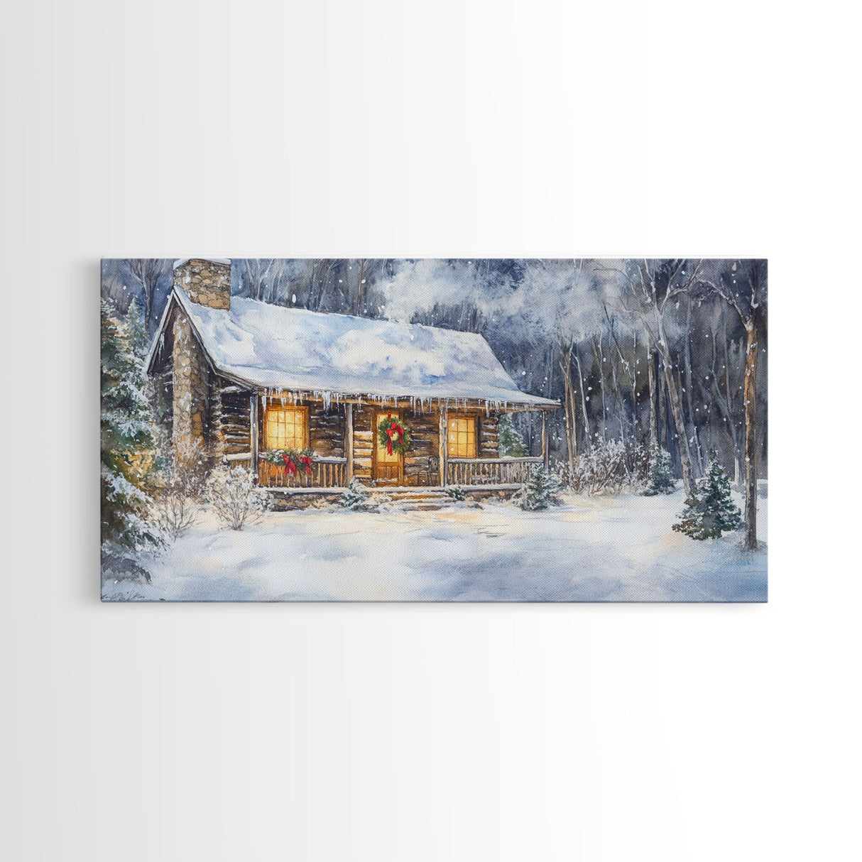 Snowy cabin Christmas decor, winter wonderland wall art, rustic farmhouse Christmas print, cozy country home decor, framed canvas print