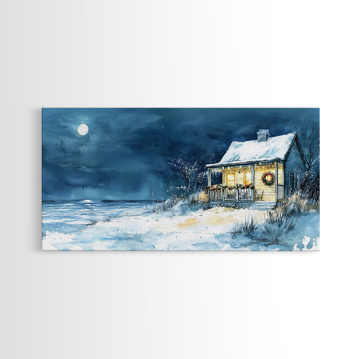 Coastal Christmas cabin decor, winter beach house art, snowy holiday seaside print, cozy Christmas wall art, framed canvas print