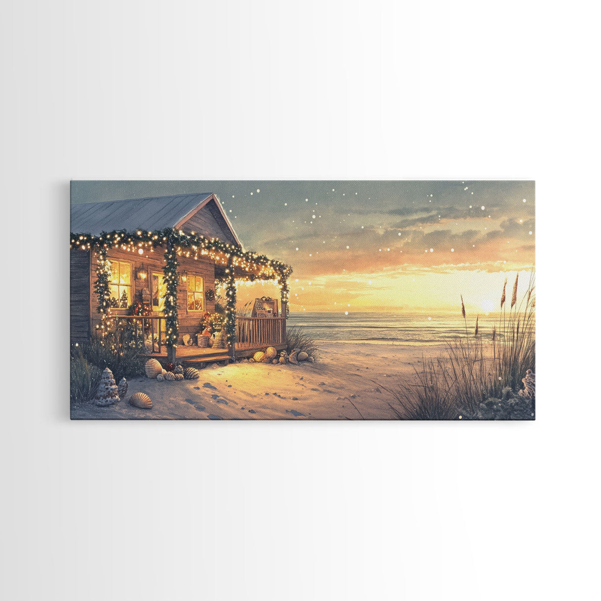 Christmas beach house decor, coastal holiday home art, seaside Christmas wall art, festive beach house print, framed canvas print