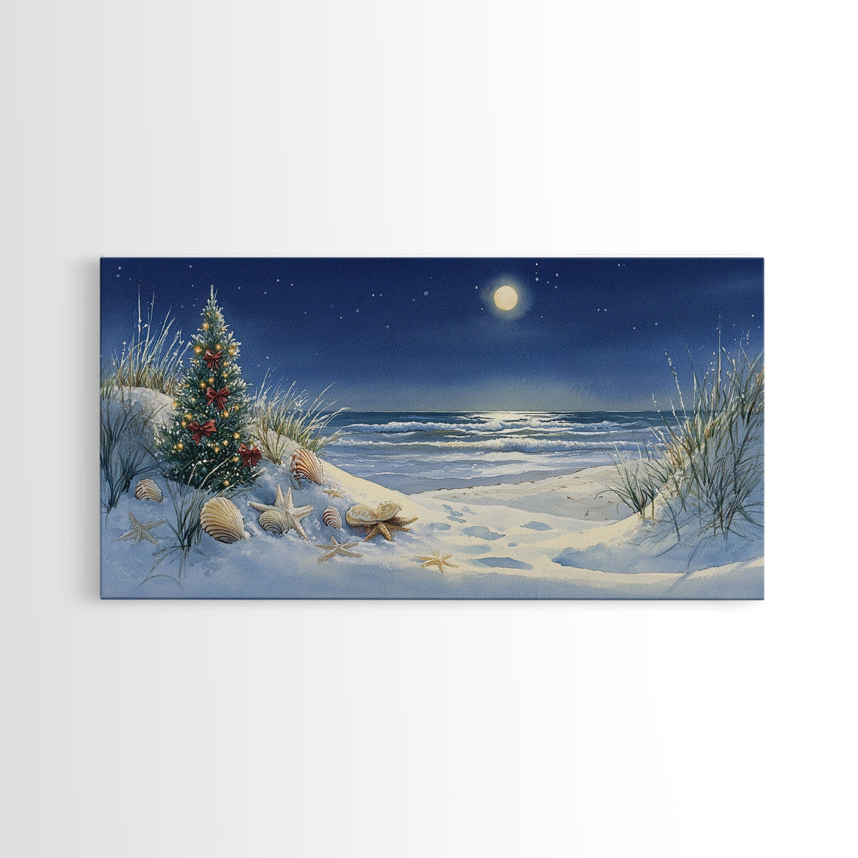 Christmas Tree on Snowy Beach with Full Moon, Framed Canvas Print, Coastal Christmas Art, Nautical Holiday Decor, Winter Wonderland, Beach