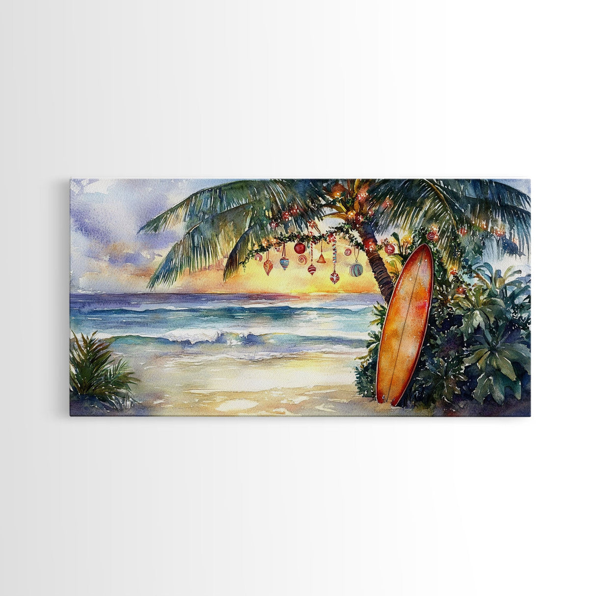 Palm Tree Decorated for Christmas by the Beach, Canvas Print, Tropical Holiday Art, Coastal Christmas Wall Art, Nautical Christmas Decor