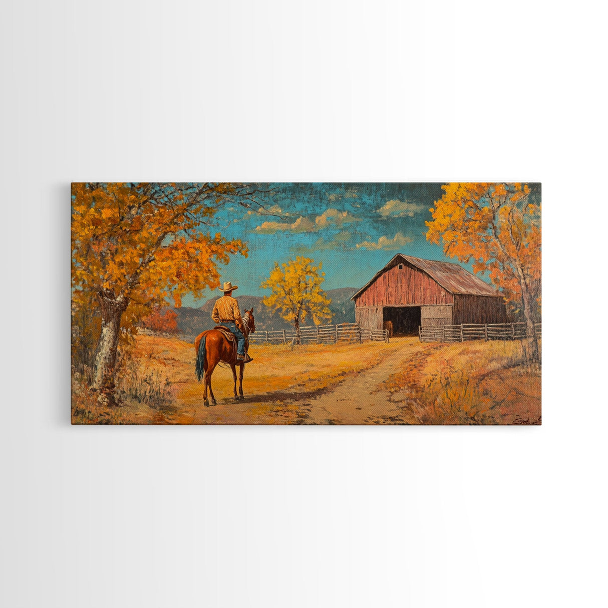 Cowboy Horse Autumn River Framed Canvas Print Perfect Above Sofa Fall Cowboy Art Moody Landscape Fall Western Wall Art