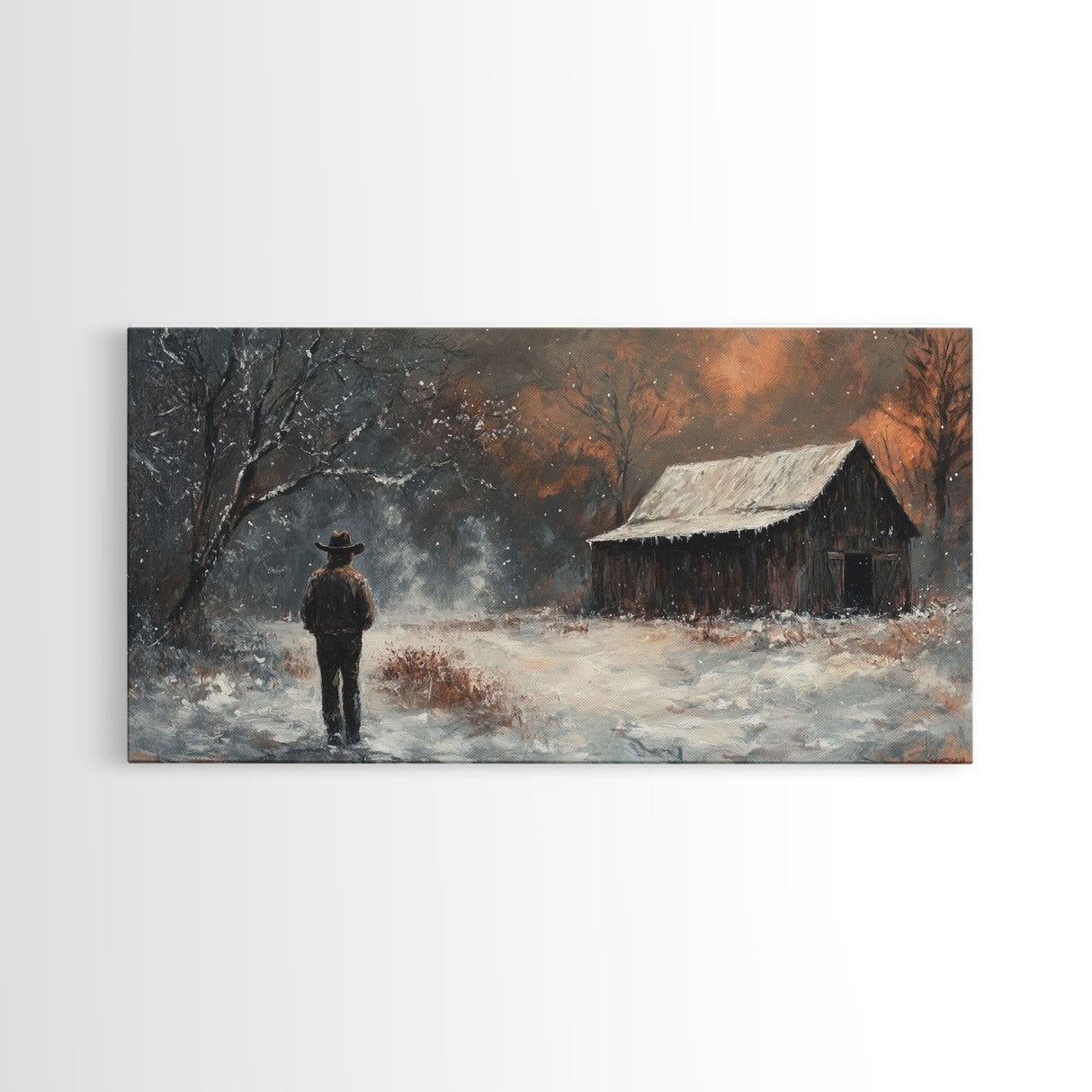 Cowboy On The Farm, Framed Canvas Print Fall Cowboy Wall Art Above Sofa Decor Moody Fall Western Wall Art