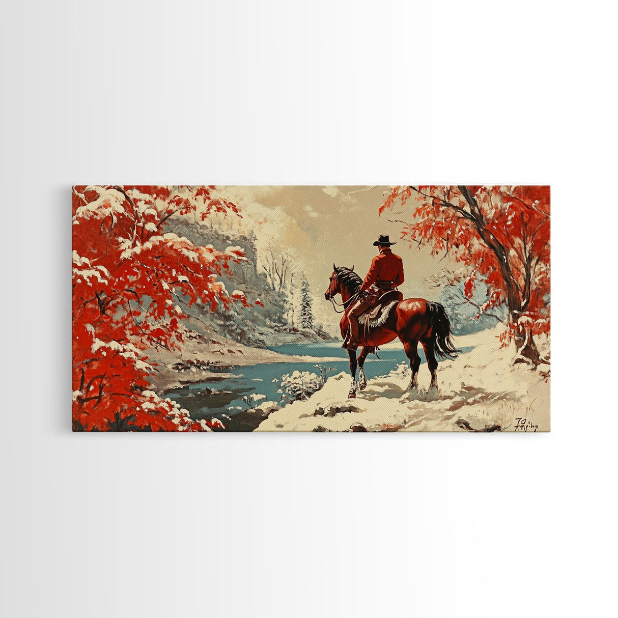 Cowboy resting by campfire under aspen trees with mountains in background, Framed Canvas Print, rustic wall art, warm western decor piece