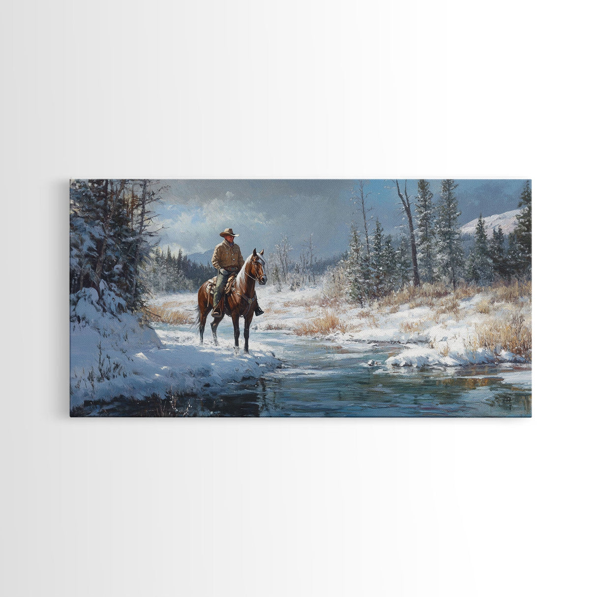 Cowboy riding horse through vibrant autumn forest, Framed Canvas Print, tall fall wall art, rustic western decor, moody landscape