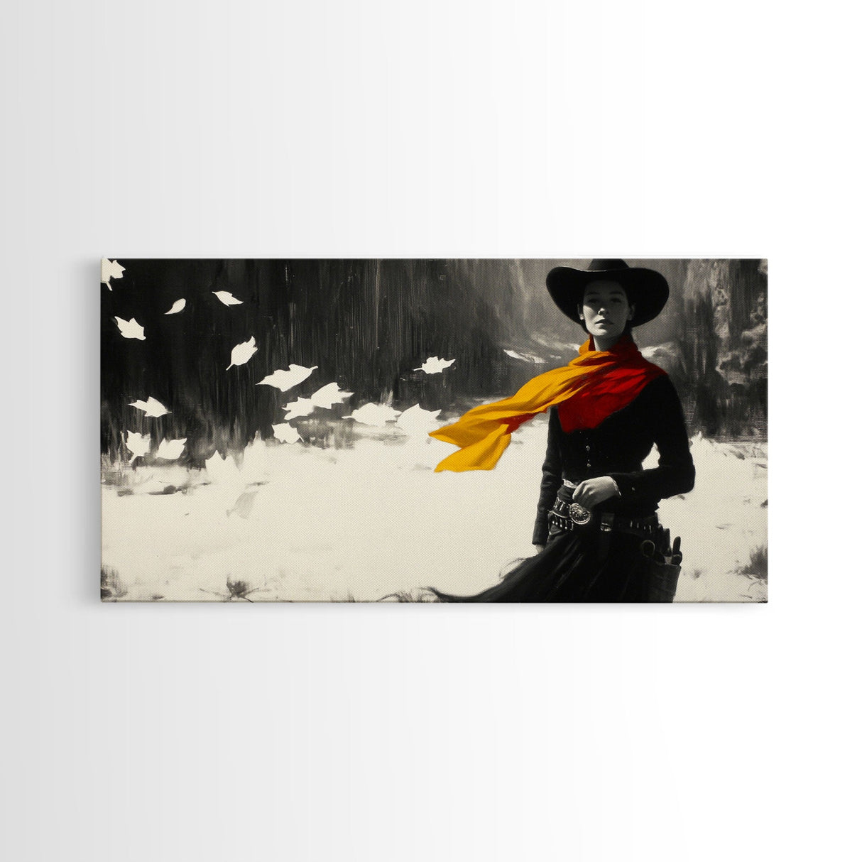 Bold Framed Canvas Print of a Cowgirl Riding Through Snow, Western Horse Art, Dynamic Winter Wall Decor and Christmas Holiday Gift Idea