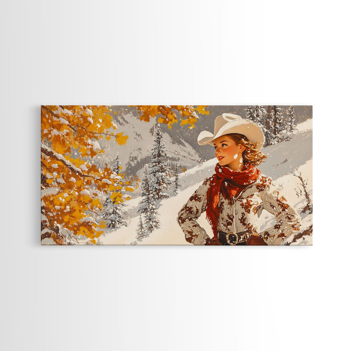 Charming Framed Canvas Print of a Cowgirl in Autumn Leaves, Perfect Fall Wall Decor and Gift Idea for Fans of Western Art Rustic Home Decor