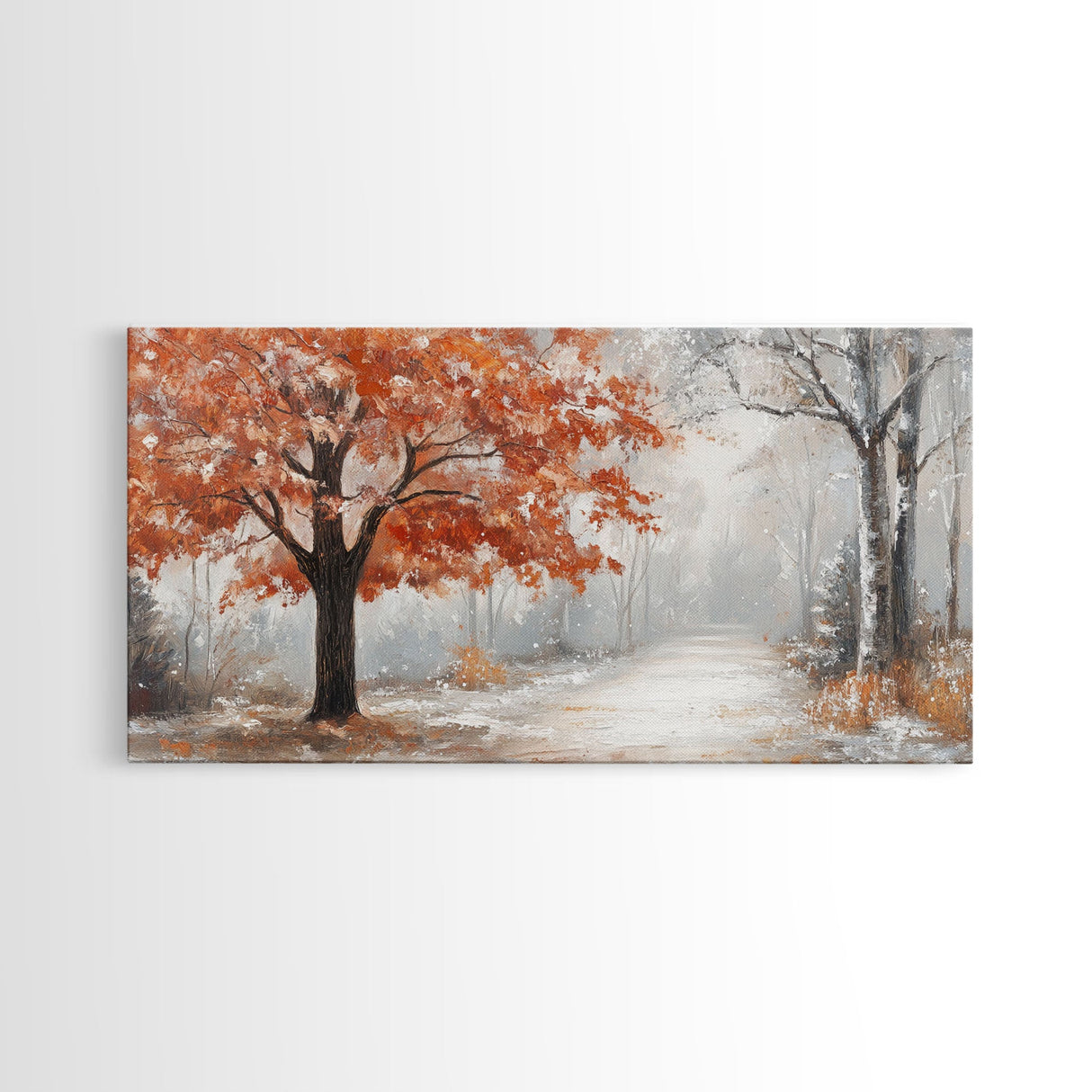 Misty Forest Path with Orange Leaves Framed Canvas Print, Ideal Autumn Decor or Fall Wall Art for Cozy Home Interiors