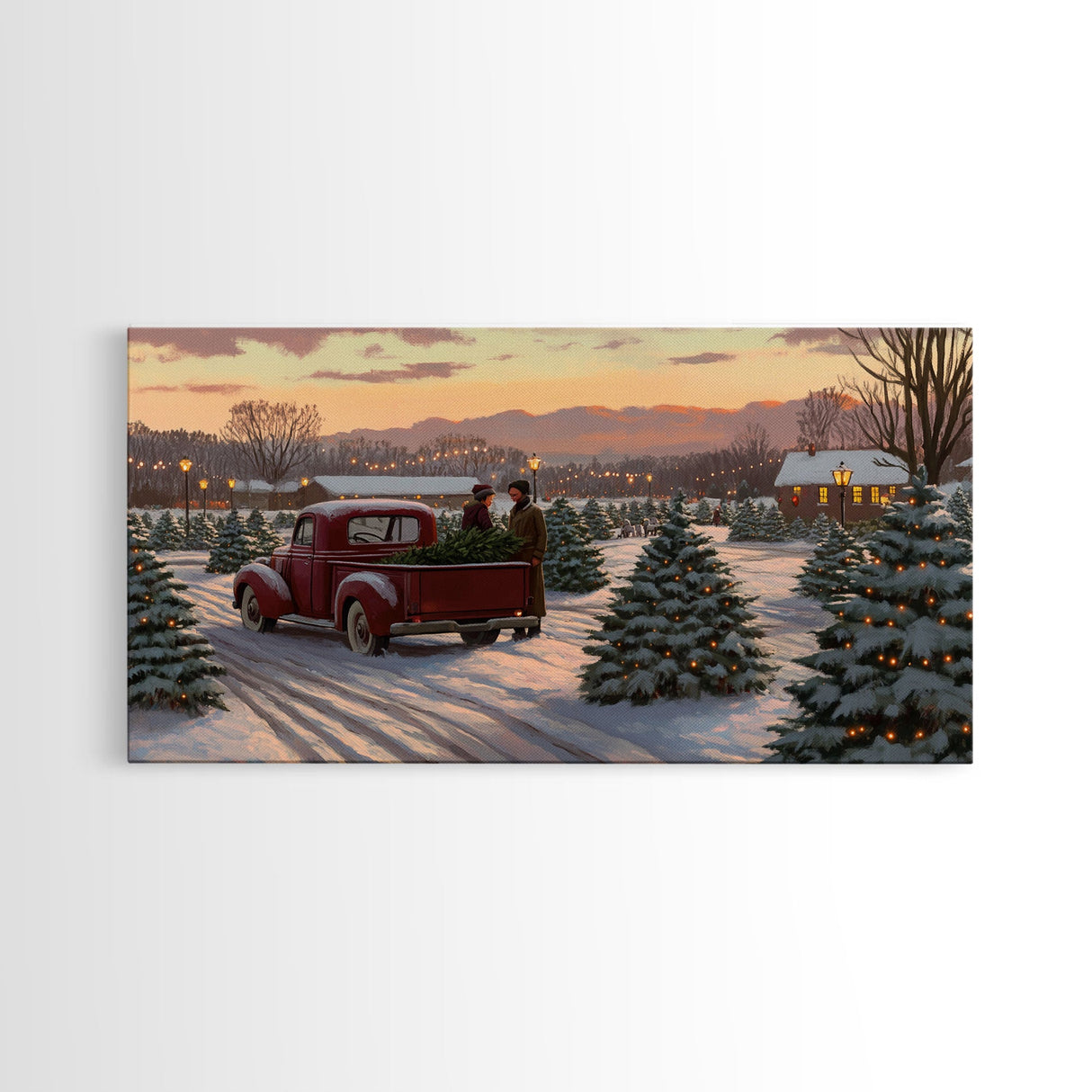 Christmas Tree Farm Framed Canvas Print, Red Truck Winter Scene, Farmhouse Christmas Decor, Christmas Vacation Decor, Holiday Art Gift