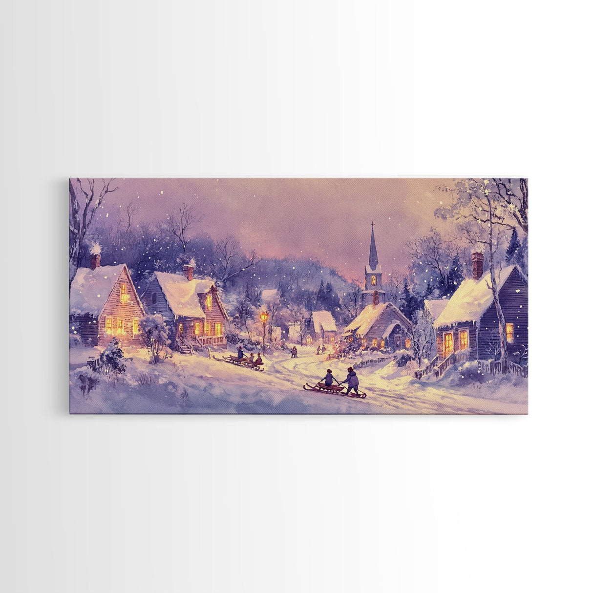 Serene Christmas Village Framed Canvas Print, Snowy Winter Landscape with Families Sledding in a Cozy Neighborhood Holiday Art