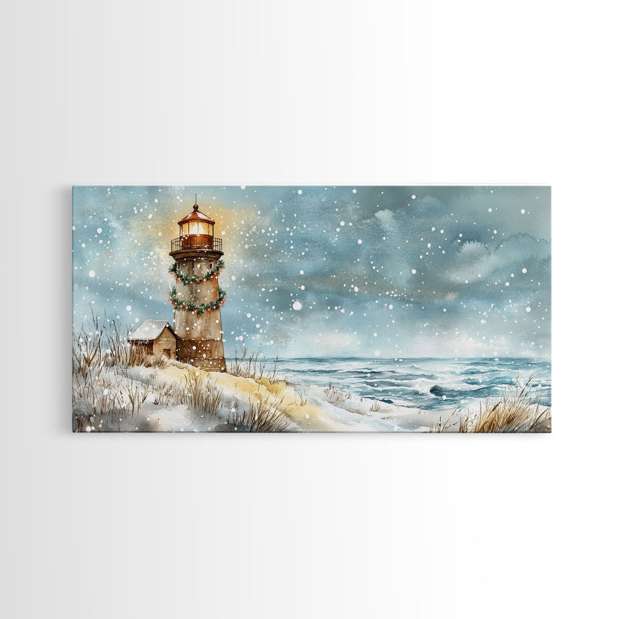 Coastal Christmas Lighthouse Decor Framed Canvas Print, Snowy Beach Scene with Holiday Wreath and Lighthouse Winter Wall Art