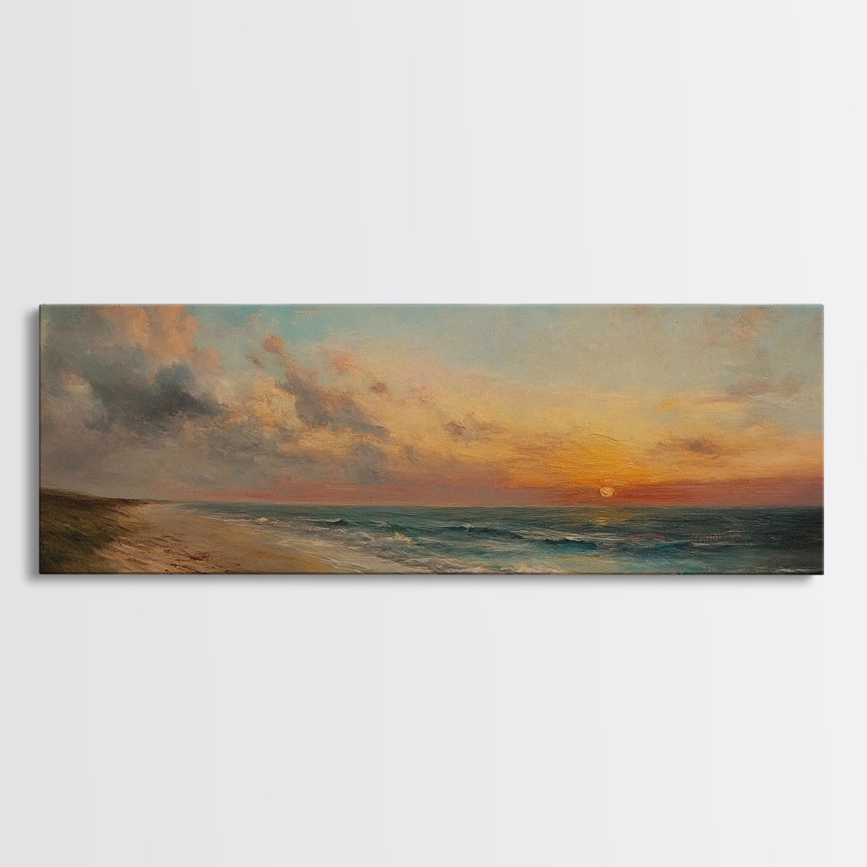 Muted Beach Framed Oil Painting Canvas Print, Minimalist Coastal Decor, Seascape Painting, Long / Horizontal Beach Wall Art, Panoramic Art