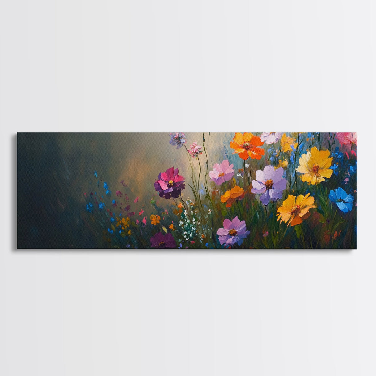 Wildflowers In a Thunder Storm, Framed Canvas Print, Colorful Botanical Print, Field of Wildflowers Canvas Art, Dark Floral Landscape Wide Art