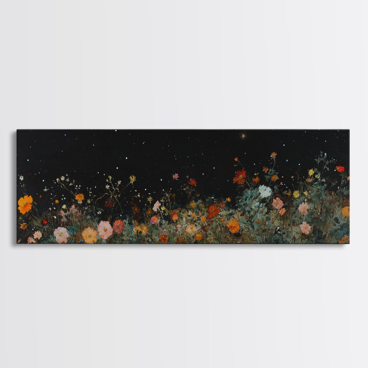 Field of Wildflowers Framed Wall Art Canvas Print, Vintage Botanical Landscape Art, Panoramic Print, Modern Farmhouse Art